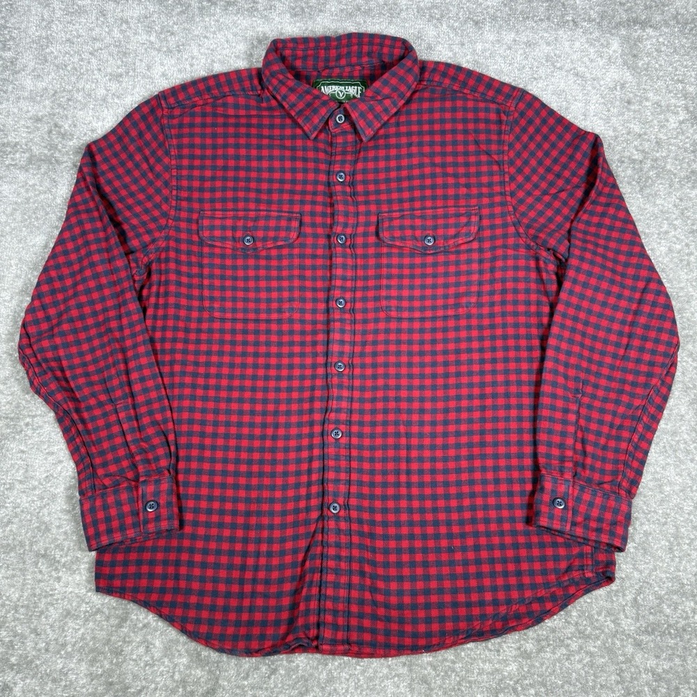 American Eagle Shirt Men's Large Red Blue Flannel Long Sleeve Button Up Workwear